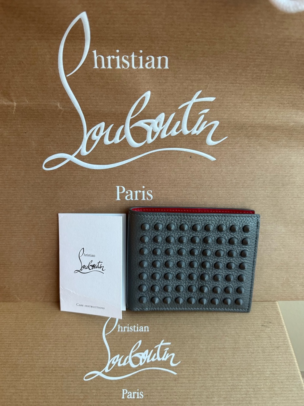 NWT Christian Louboutin Men’s Funky Studded Leather Bifold Wallet in Smoke Grey